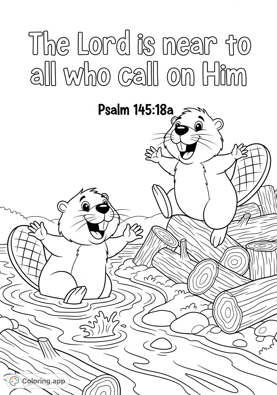 Discover a heartwarming Bible verse coloring page with two joyful, playful beavers by a river and logs, featuring an inspiring scripture.