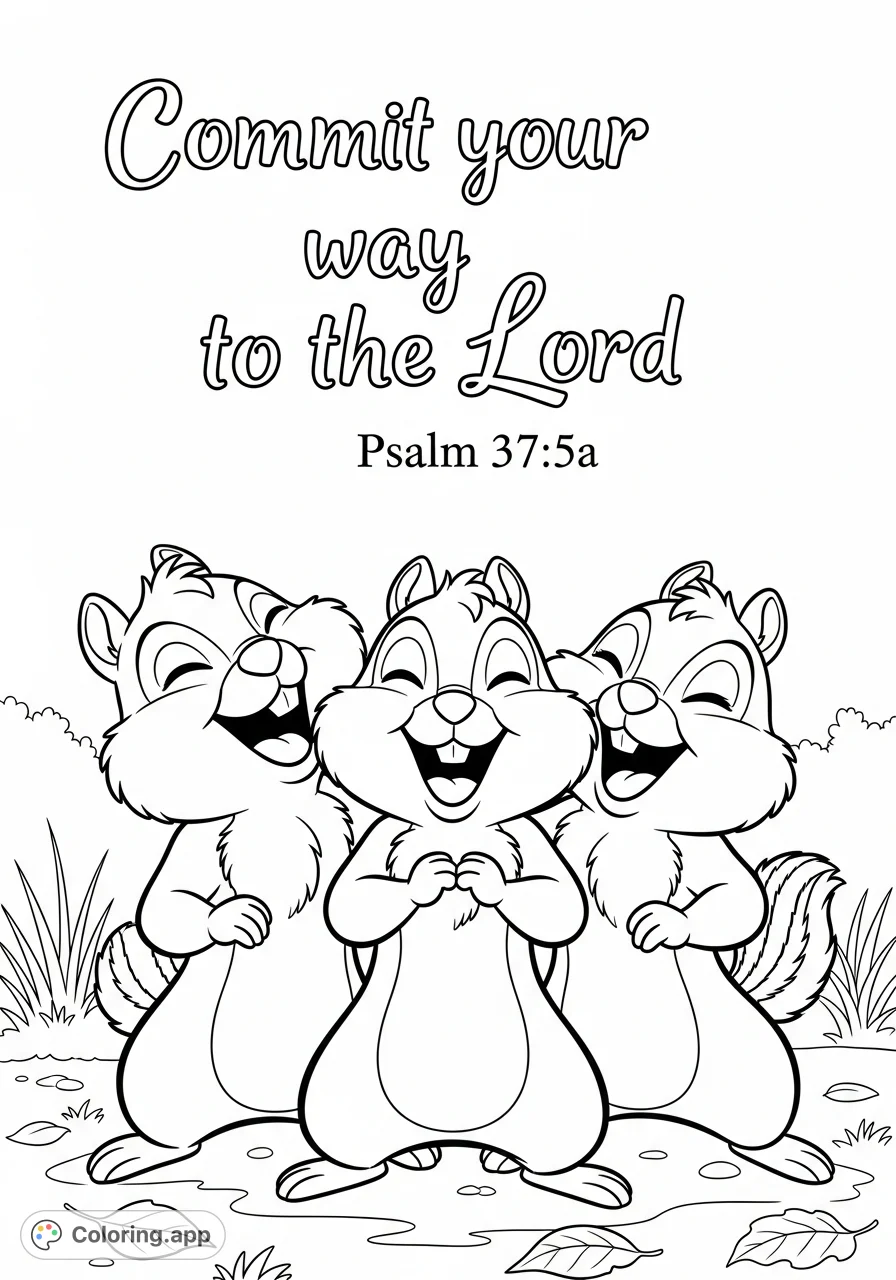 A heartwarming chipmunks coloring page featuring three laughing chipmunks and the inspiring Bible verse "Commit your way to the Lord". Great for all ages!