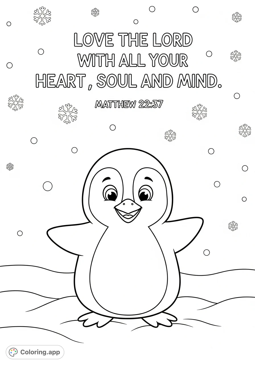 A heartwarming free printable penguin scripture coloring page featuring a smiling cartoon penguin in snow, adorned with an inspiring biblical quote.
