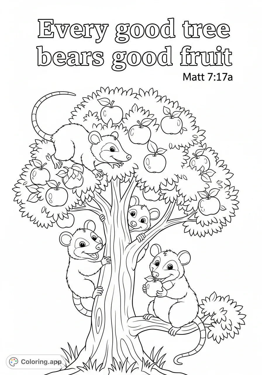 A cheerful cartoon scene featuring three playful possums on an apple tree, with the uplifting scripture "Every good tree bears good fruit" and "Matt 7:17a."