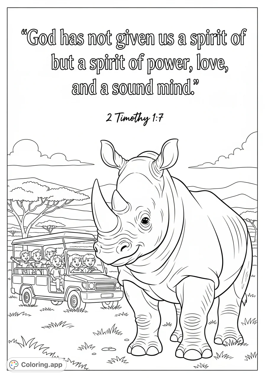 A cartoon rhino smiles on safari with children observing, accompanied by an uplifting Bible verse. A perfect Christian safari coloring page.