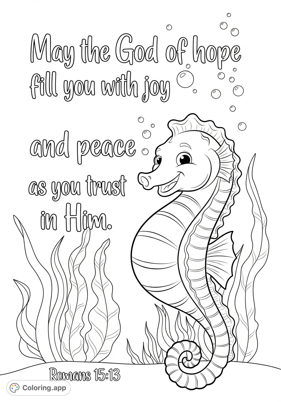 Discover a free printable inspirational seahorse coloring page featuring the Bible verse Romans 15:13. Perfect for reflection and creative expression.