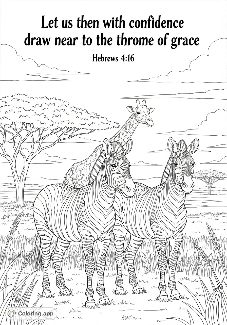 A beautiful African plain coloring page featuring joyful zebras and a smiling giraffe, accented by an inspiring scripture from Hebrews 4:16. Perfect for reflection and creativity.