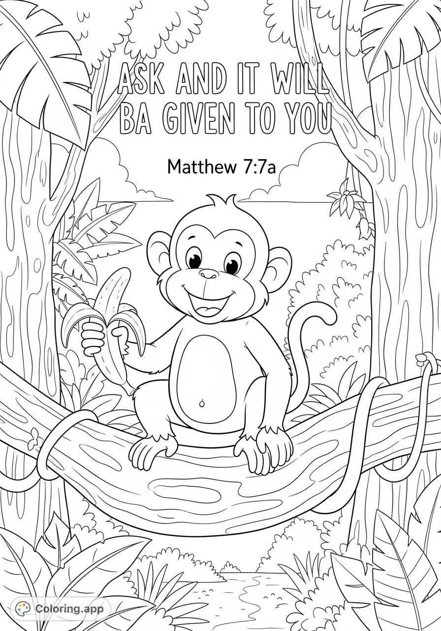 A delightful cartoon monkey smiles holding a banana amidst lush jungle foliage, featuring the uplifting quote "Ask and it will be given to you" from Matthew 7:7a.