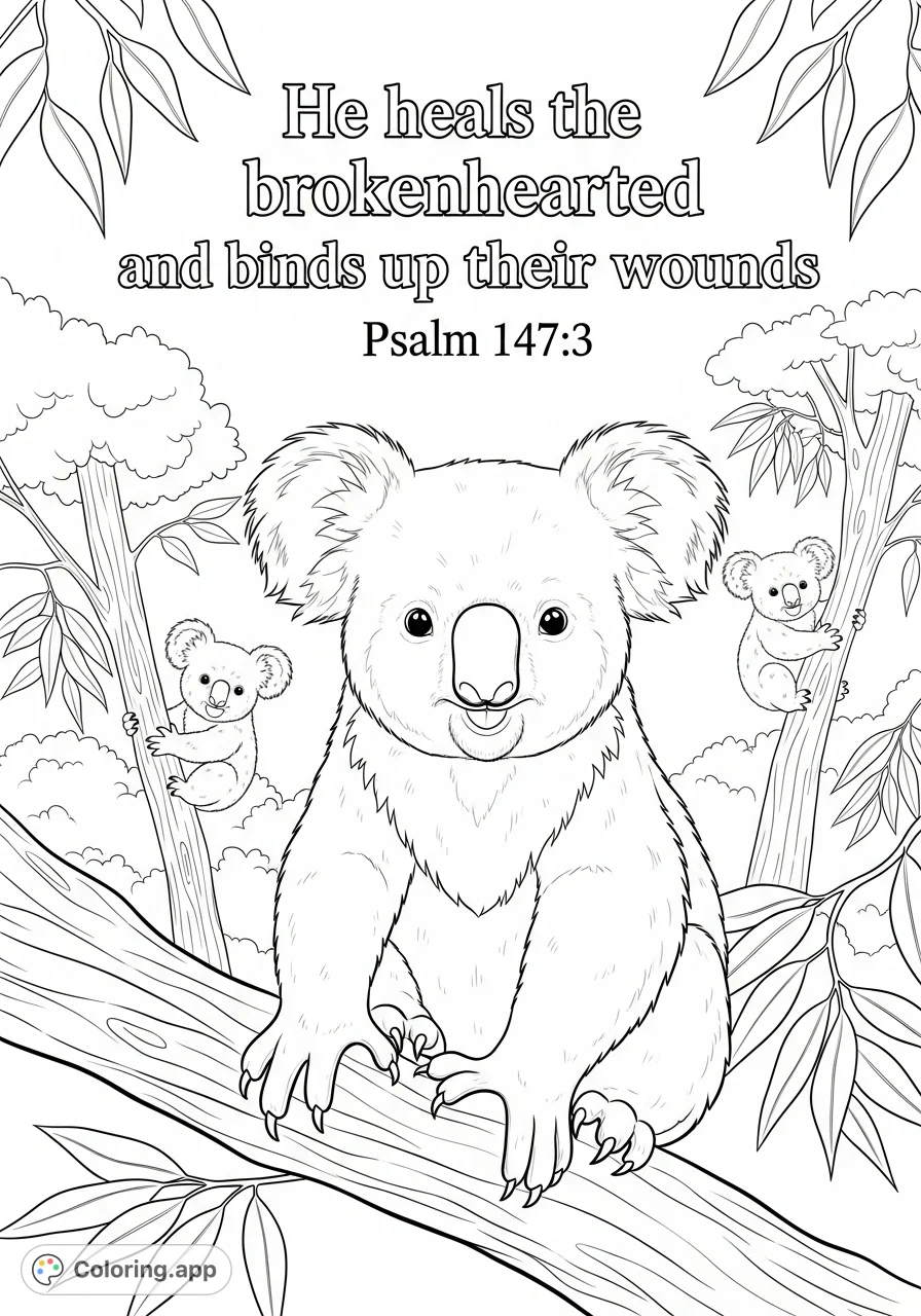 Discover a heartwarming koala scene featuring a main koala and two smaller ones on branches, accompanied by the comforting scripture 'He heals the brokenhearted'.
