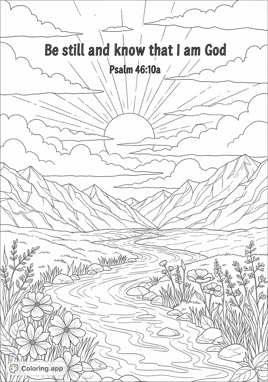 A serene mountain stream coloring page featuring rugged peaks, delicate flowers, radiating sun, and the inspiring text "Be still and know that I am God."