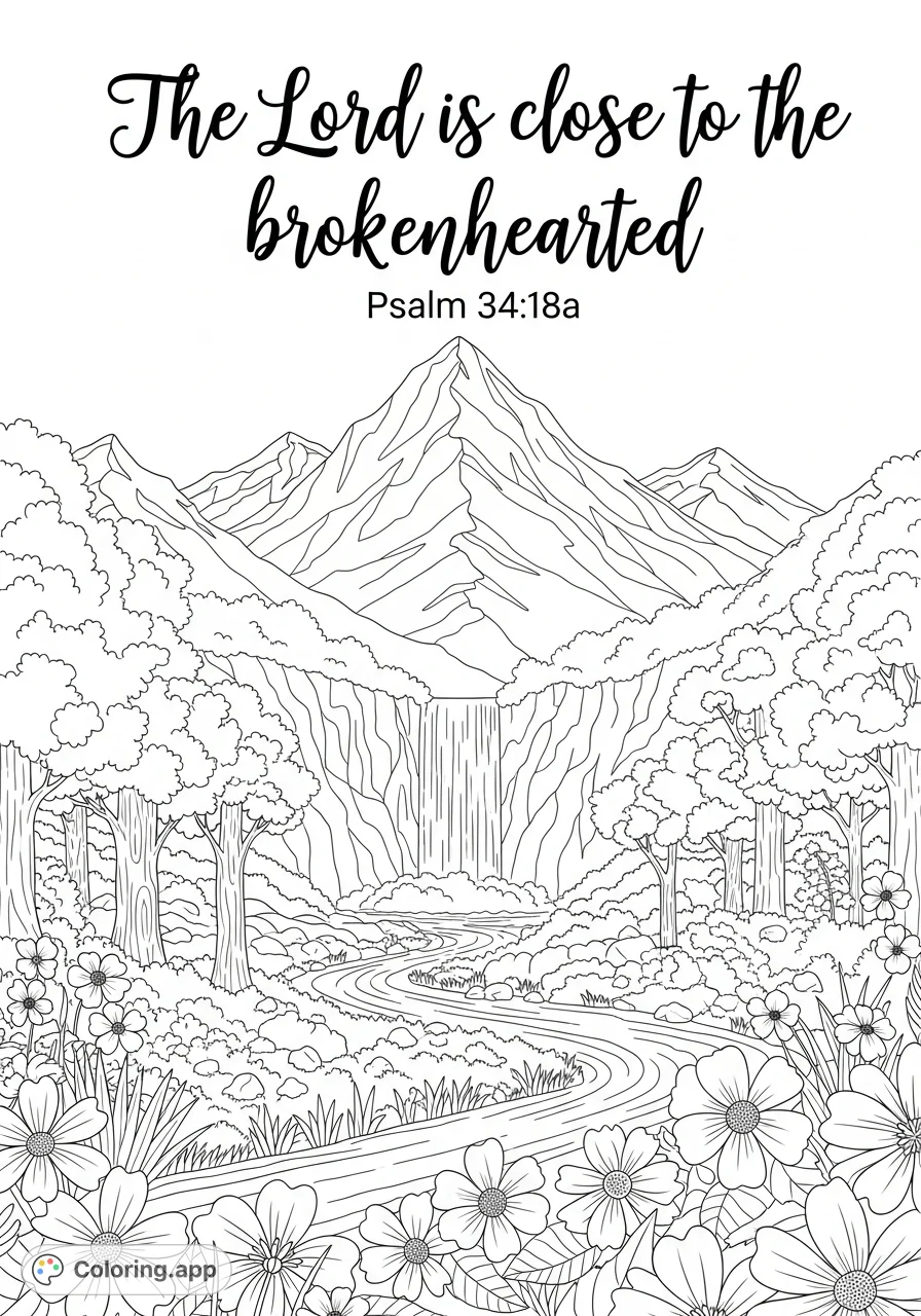 A serene mountain landscape featuring a majestic waterfall, lush foliage, and an uplifting scripture. Perfect for reflection and peace.