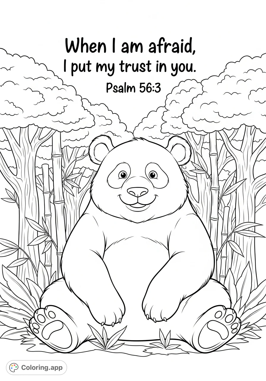 Color a serene cartoon panda surrounded by bamboo and trees, featuring the comforting scripture "When I am afraid, I put my trust in you. Psalm 56:3".