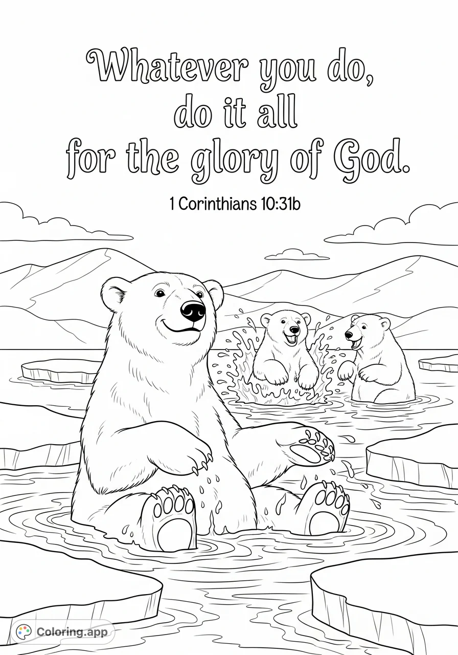 A joyful polar bear family plays in icy waters, with an uplifting Bible verse. A perfect polar bear coloring page for reflection and creative fun!