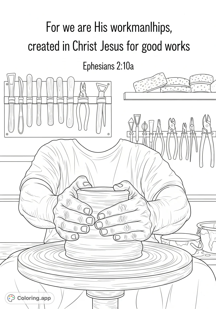 An inspiring coloring page of strong hands shaping clay on a potter's wheel, with workshop tools and a meaningful scripture, Ephesians 2:10a.