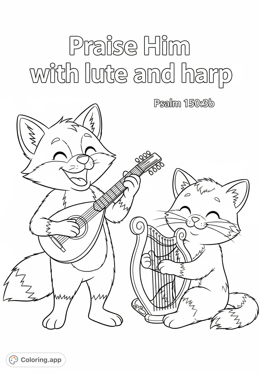 A delightful coloring page featuring a joyful fox playing a lute and a smiling cat playing a harp, with "Praise Him with lute and harp" text.