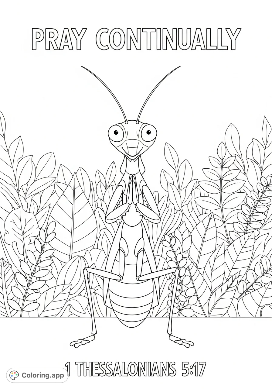 A cheerful praying mantis with scripture text, set against a lush leafy backdrop. A serene and inspiring free printable coloring page for all ages.