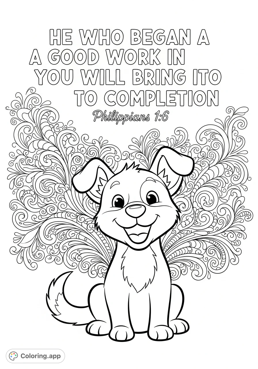 A heartwarming cartoon puppy smiles brightly, surrounded by elaborate swirls, featuring an uplifting biblical quote for reflection and creative coloring.