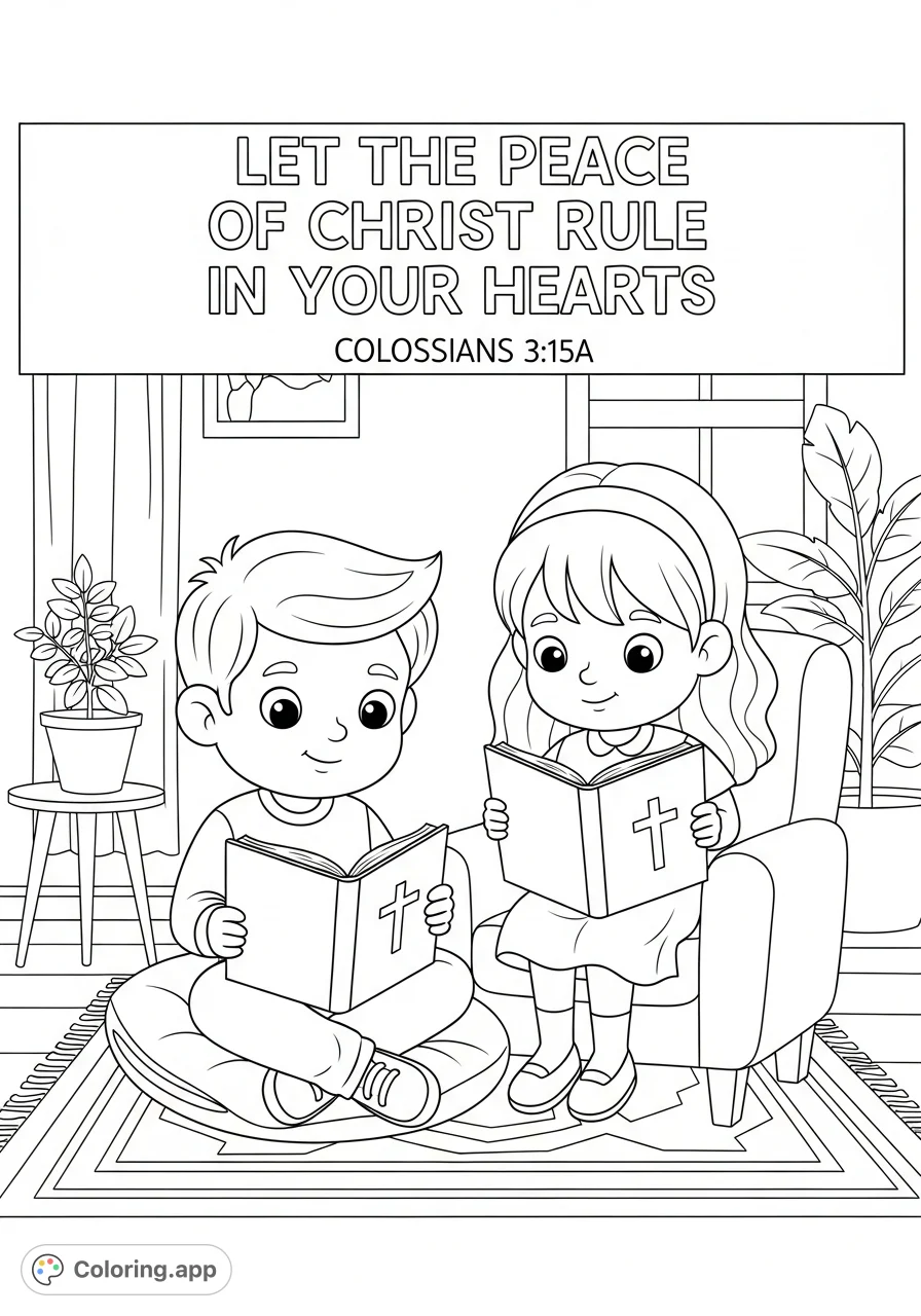 A heartwarming scripture coloring page featuring a smiling boy and girl reading books with Christian cross symbols in a cozy, homely setting. Find peace in faith.