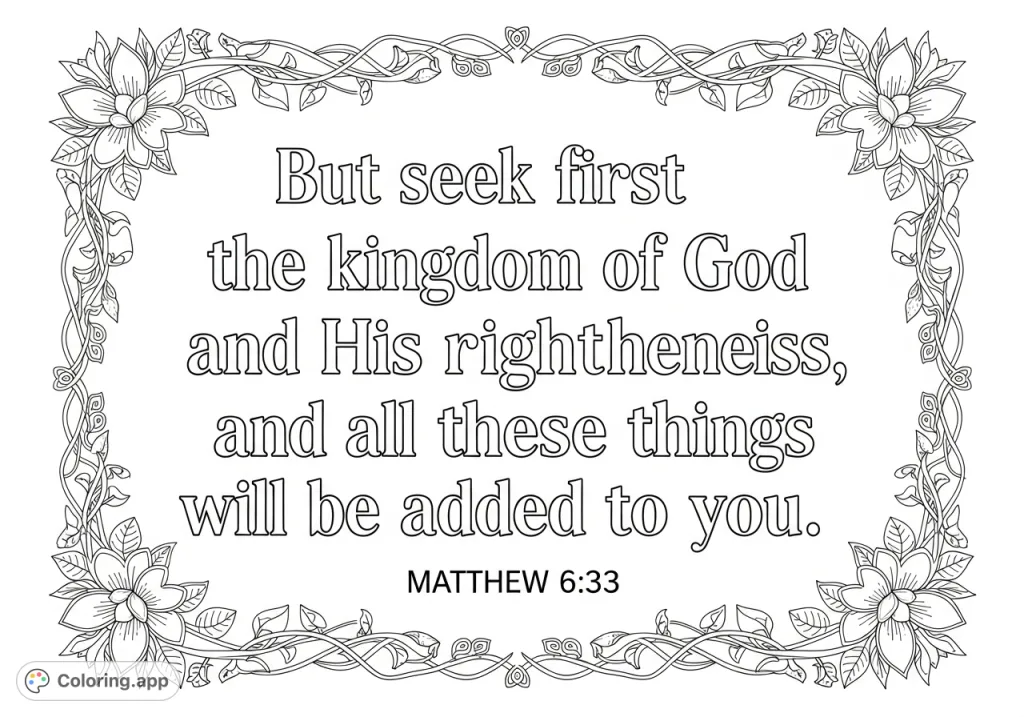 An inspiring Bible verse coloring page featuring Matthew 6:33 in large, stylized letters, surrounded by an intricate floral and vine border for a meditative coloring experience.