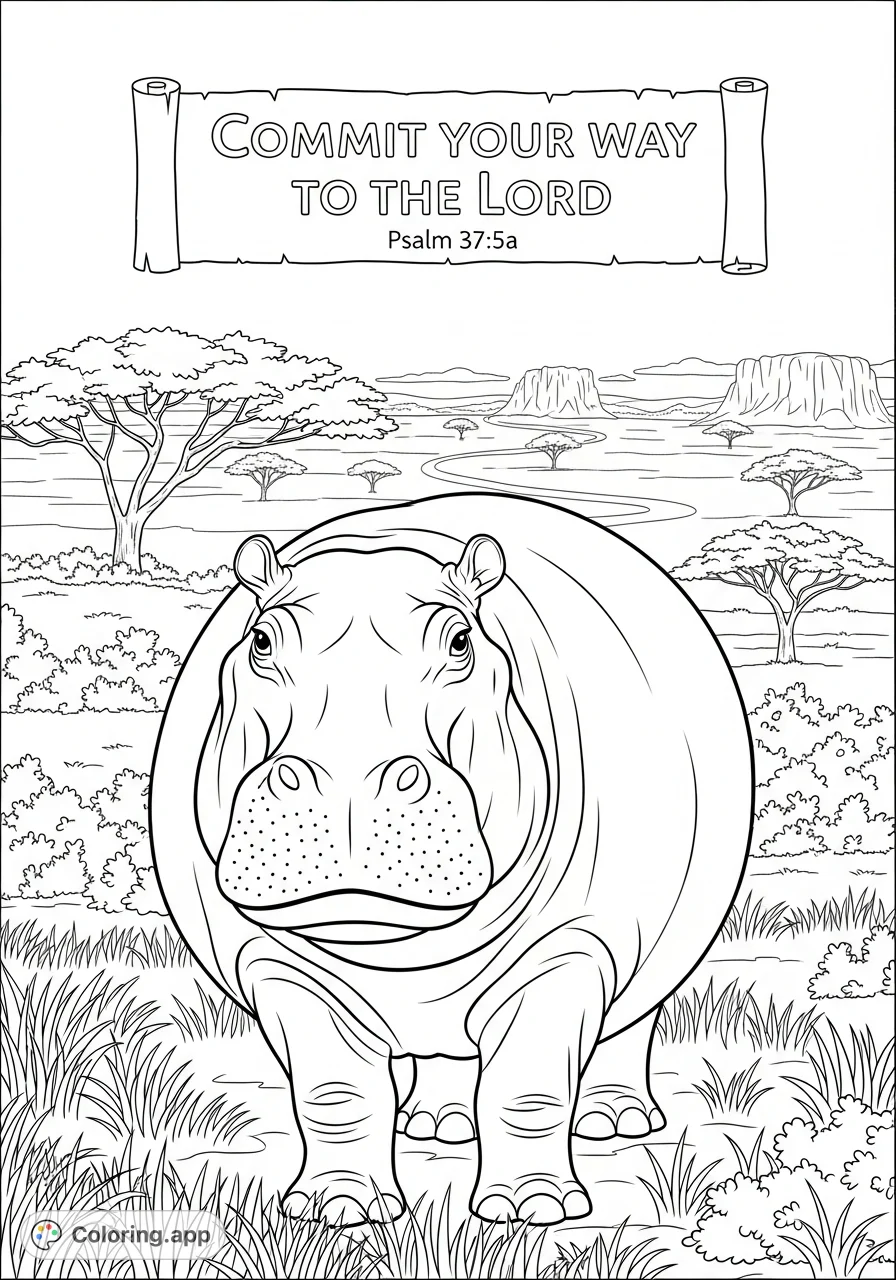 A cheerful cartoon hippopotamus smiles in a safari scene, featuring the inspiring scripture "Commit your way to the Lord." Perfect for reflection.