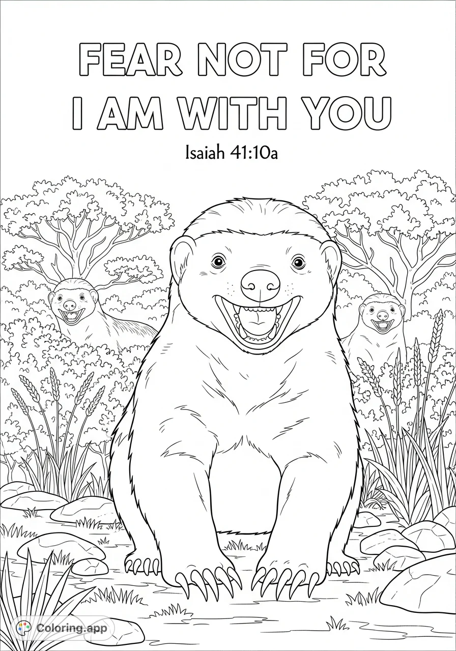 A cheerful honey badger, accompanied by two friends, stands in African bushland with an inspiring verse. A free printable honey badger coloring page for all ages.