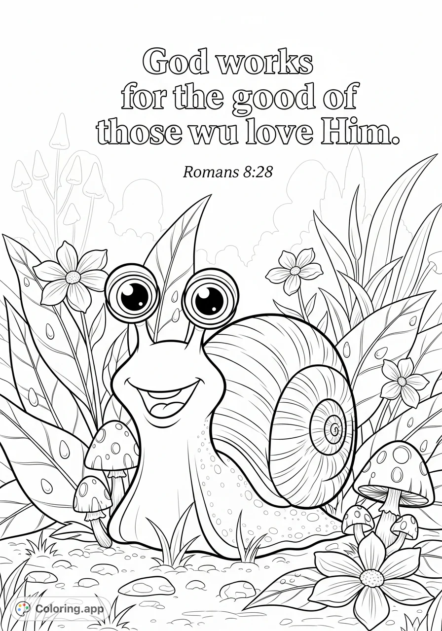 A delightful coloring page featuring a smiling cartoon snail amidst garden foliage with an uplifting Bible verse: "God works for the good of those who love Him."