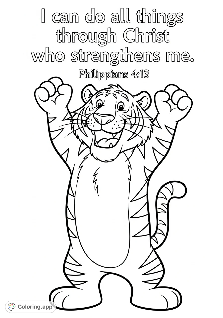 A joyous cartoon tiger with raised hands, accompanied by the powerful scripture "I can do all things through Christ who strengthens me" and "Philippians 4:13".