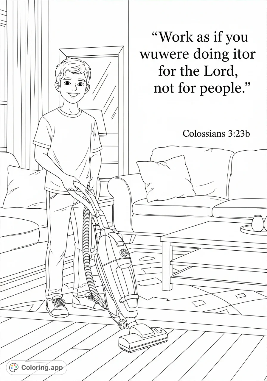 A cheerful teenager diligently vacuums a living room, accompanied by an inspiring quote about work ethic. A detailed, free printable coloring page.