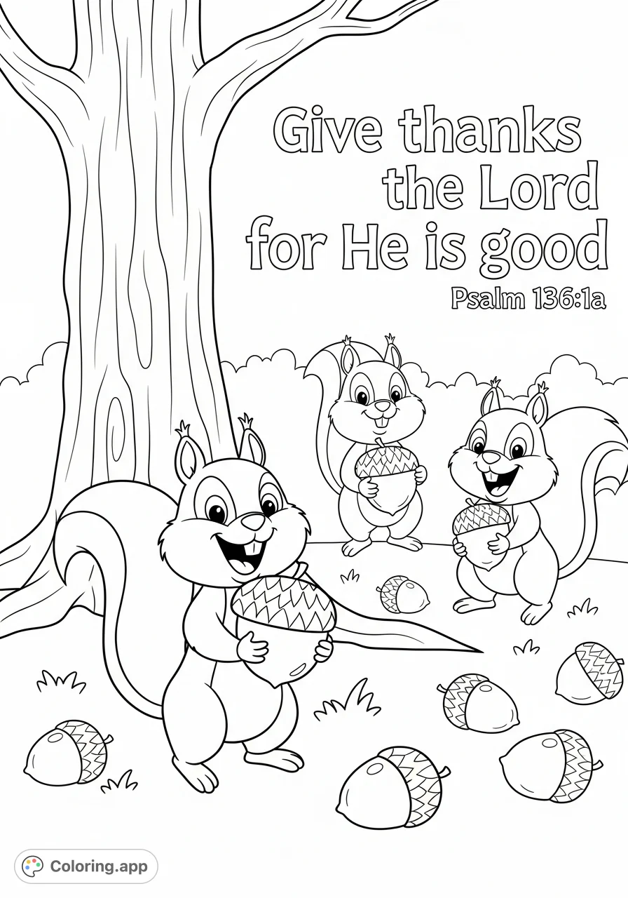 A joyful squirrel coloring page featuring three smiling cartoon squirrels, one holding an acorn, beneath a tree with fallen nuts, alongside a scripture quote.