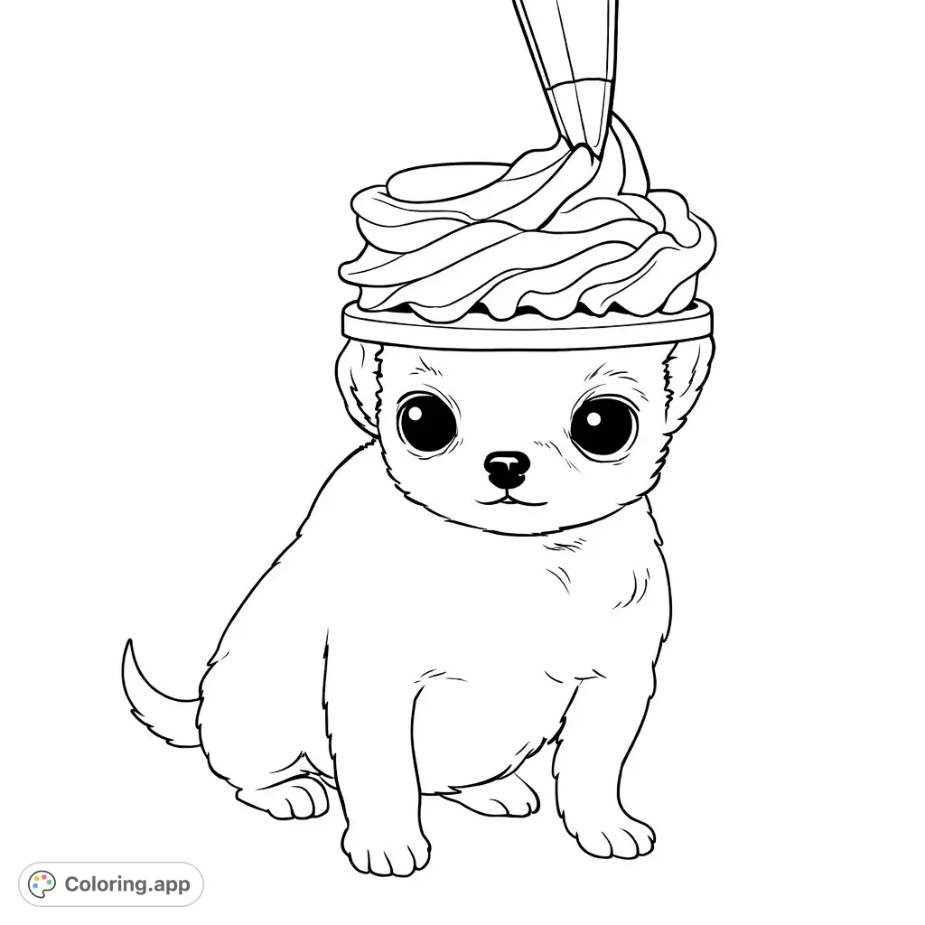 An adorable wide-eyed puppy gets a whimsical frosting topping on its head from a piping bag, creating a delightful and cute scene to color.