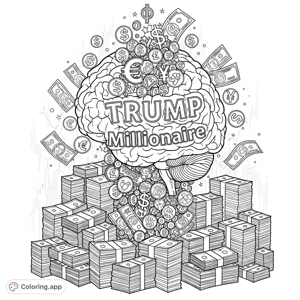 An intricate brain design filled with currency symbols, coins, and stacks of cash. Features prominent text 'TRUMP' and 'Millionaire' within a financial scene.