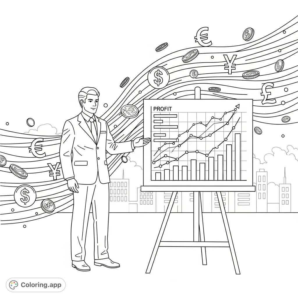 A detailed economic chart coloring page featuring a businessman explaining profit trends amid a dynamic wave of global currency symbols. Explore financial themes.