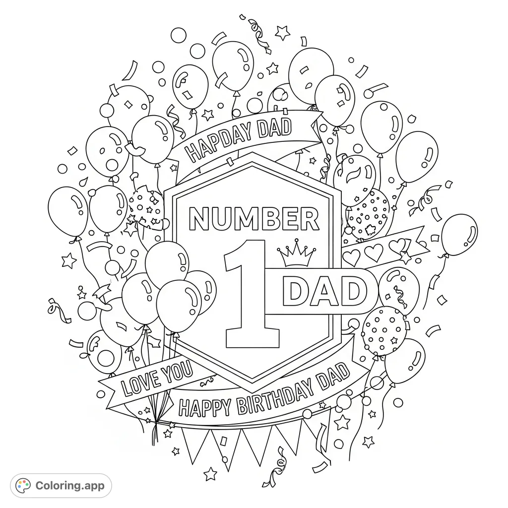 Celebrate the best dad with this festive coloring page featuring a "NUMBER 1 DAD" emblem, balloons, confetti, and sweet messages.