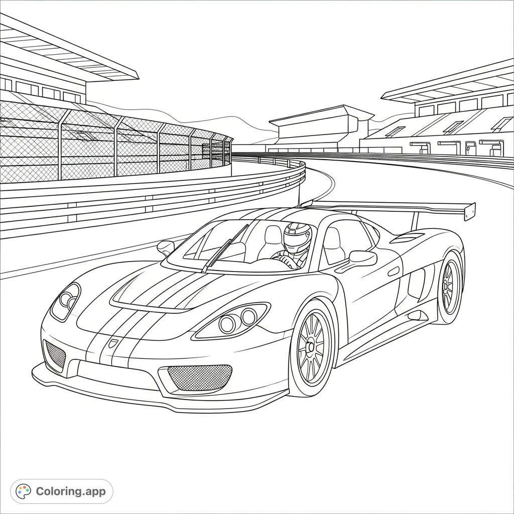 Experience the thrill of speed! Color a detailed race car with bold racing stripes and a visible driver on a dynamic track. Perfect for vehicle enthusiasts.