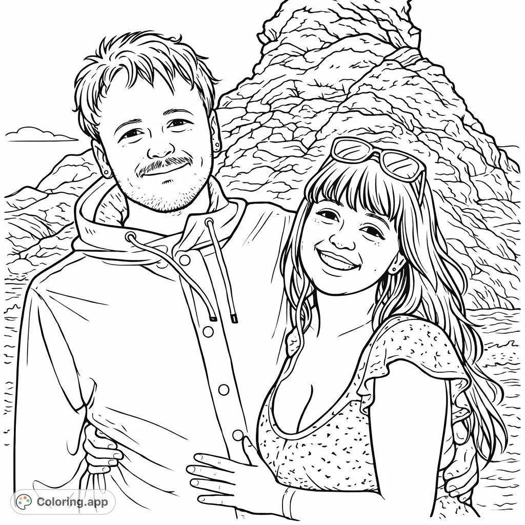 Capture a heartwarming moment of a couple on a scenic coastline, with a prominent rock formation in the background. Perfect for a relaxing coloring experience.