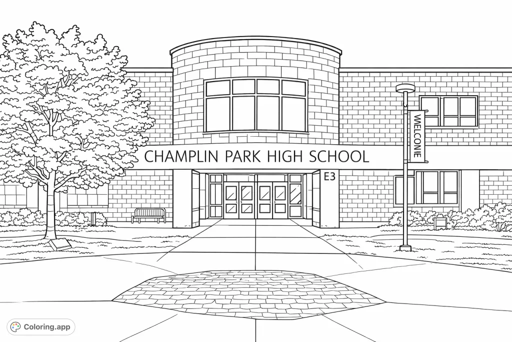 Detailed Champlin Park High School entrance coloring page, featuring architectural elements, a prominent tree, and surrounding landscaping.
