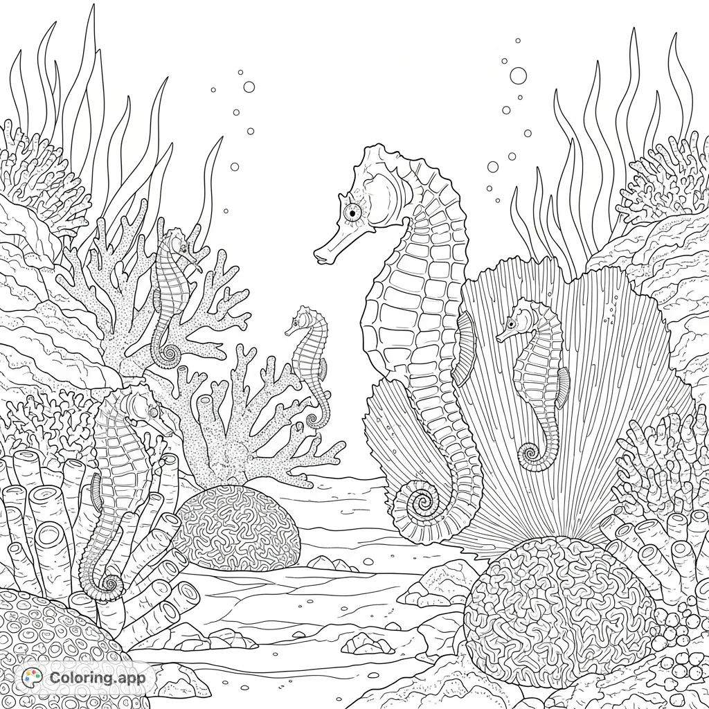 Dive into an underwater world with this seahorse coloring page, featuring elegant seahorses gracefully swimming through a vibrant, detailed coral reef.