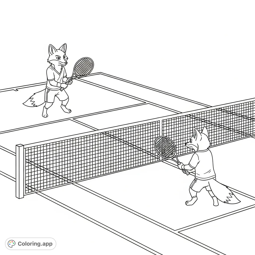 A playful foxes playing tennis coloring page on a hard court with net and rackets. Free printable animals coloring page for kids and adults.