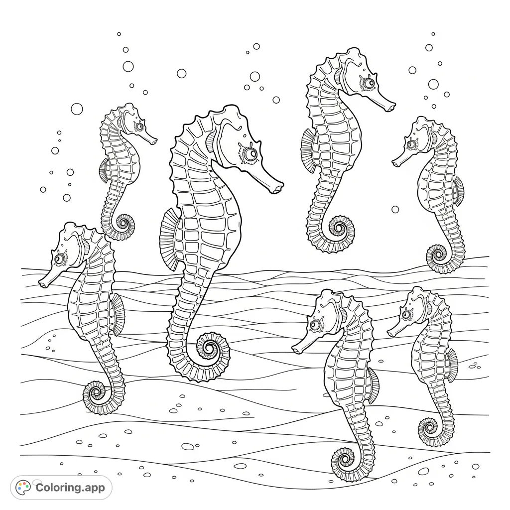 Discover a tranquil seahorse scene where graceful seahorses glide above a textured sandy seafloor, offering a serene underwater adventure for coloring.