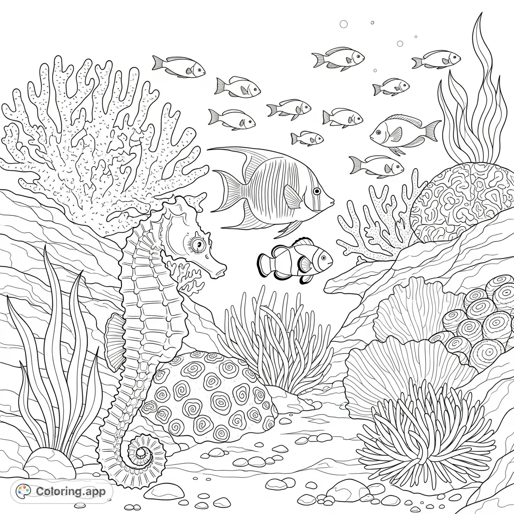 Dive into an enchanting coral reef teeming with a charming seahorse and schooling fish amidst intricate coral and swaying anemones. Perfect for ocean lovers.