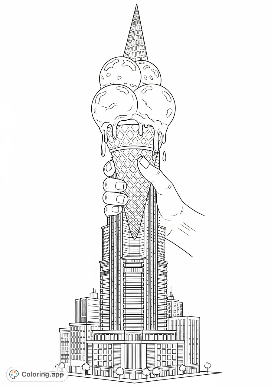 A whimsical scene featuring a massive skyscraper holding a melting, multi-scoop ice cream cone, set against a backdrop of a bustling city. A fun, free printable coloring page.