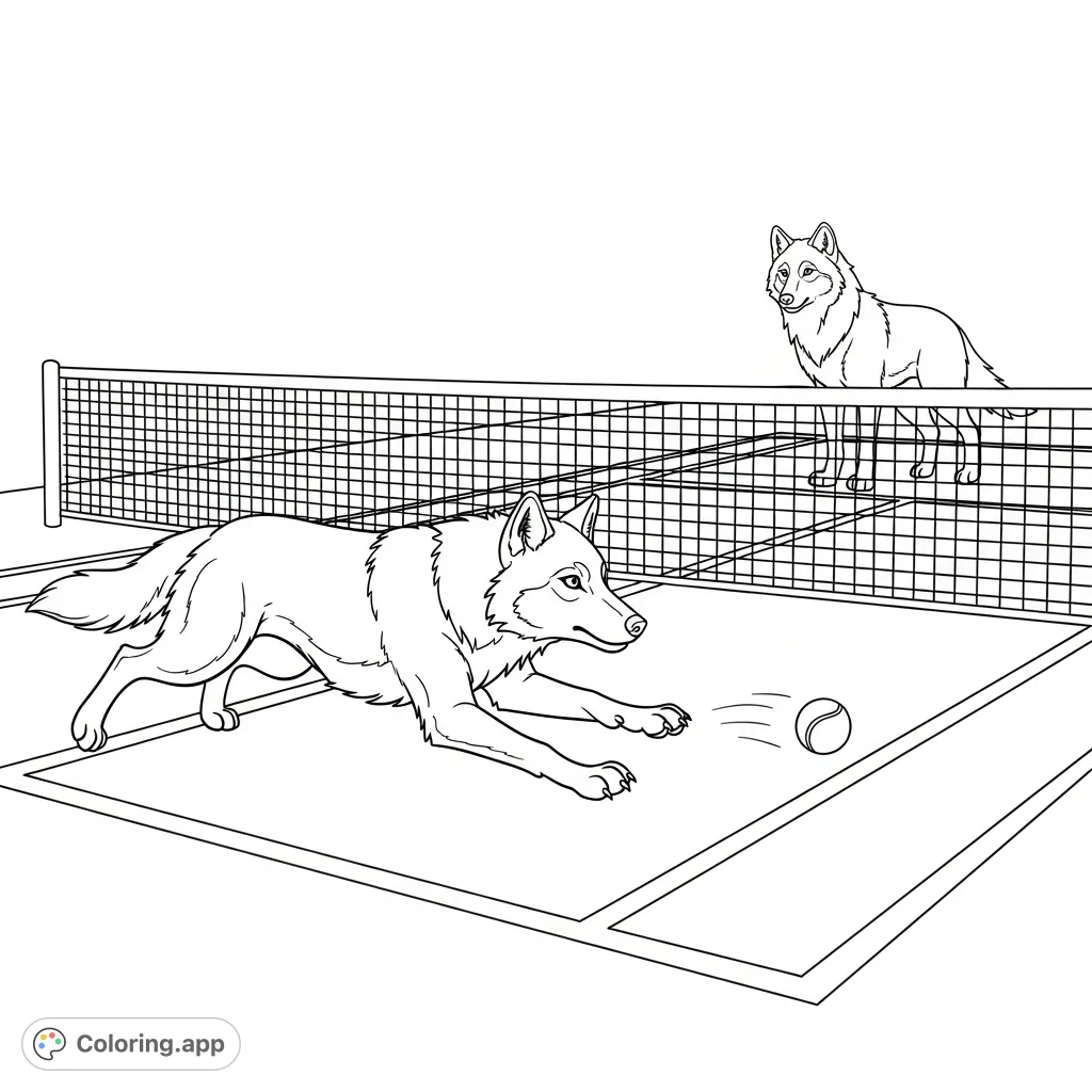 A fun wolves playing tennis coloring page! Two athletic wolves on a hard court, one chasing a tennis ball, with a net in the middle. Enjoy this free printable coloring page for kids and adults!