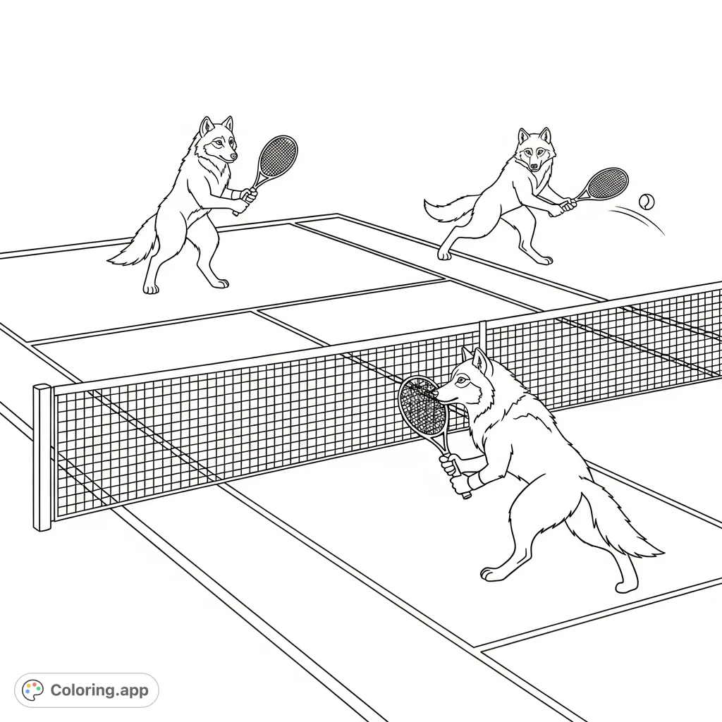 Experience the whimsical charm of wolves playing tennis on a court. This playful scene features wolves with racquets, a net, and a tennis ball, offering a unique coloring adventure.