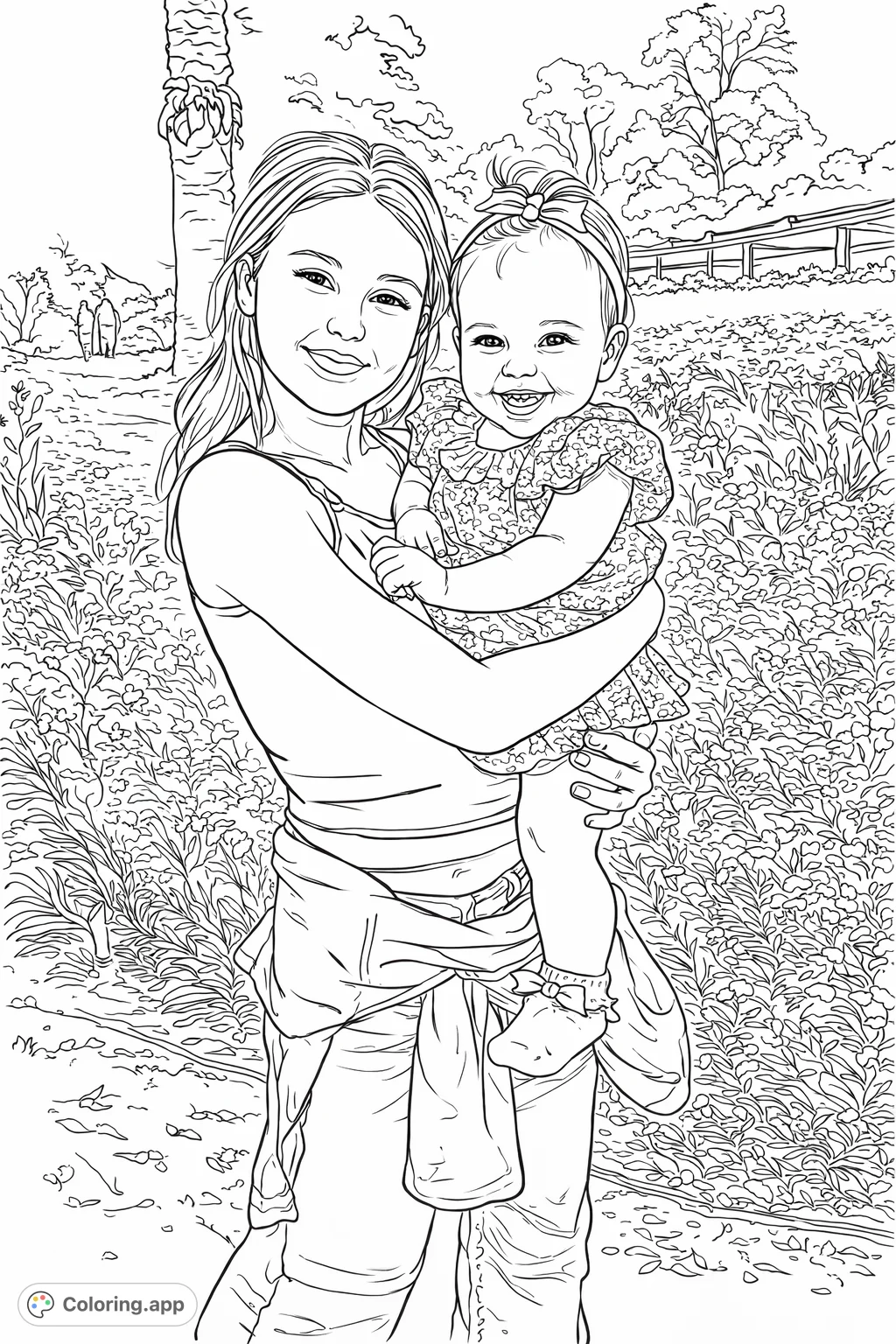 A delightful coloring page of two smiling sisters embraced in a lush garden, perfect for capturing family bonds and nature's beauty.