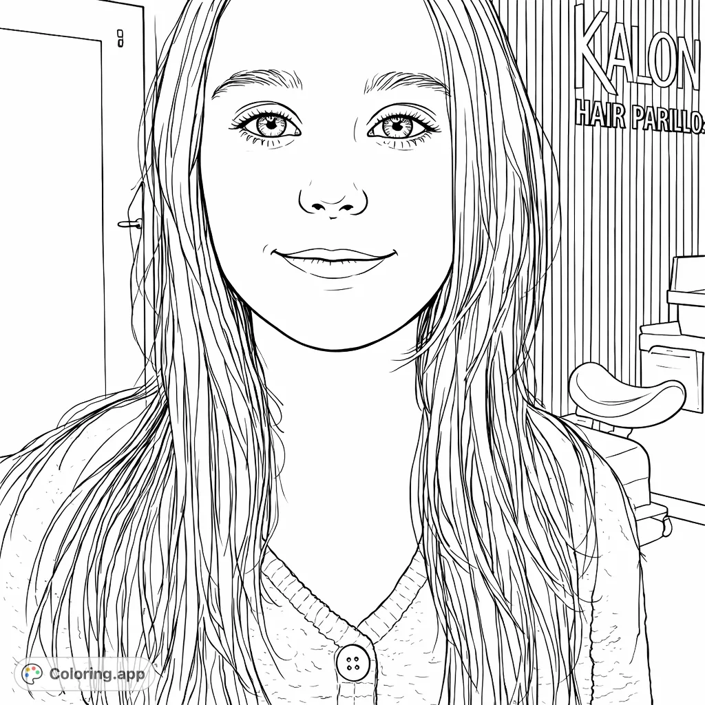 A charming portrait of a young girl with long flowing hair and a gentle smile, set against a subtle indoor background. A delightful page for calm coloring.