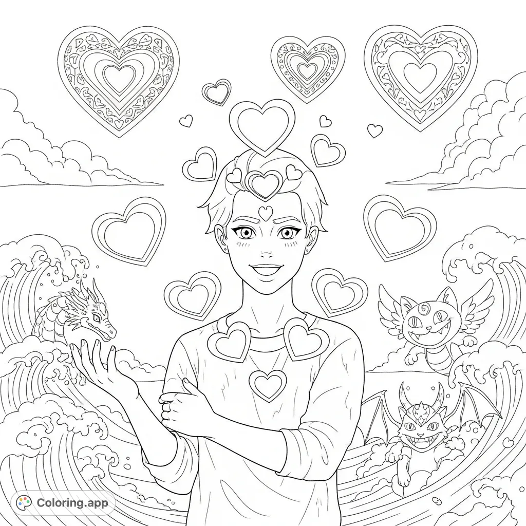 A heartwarming free printable Parker Swanson coloring page featuring a cheerful Parker with numerous floating and scattered heart shapes, perfect for conveying affection.