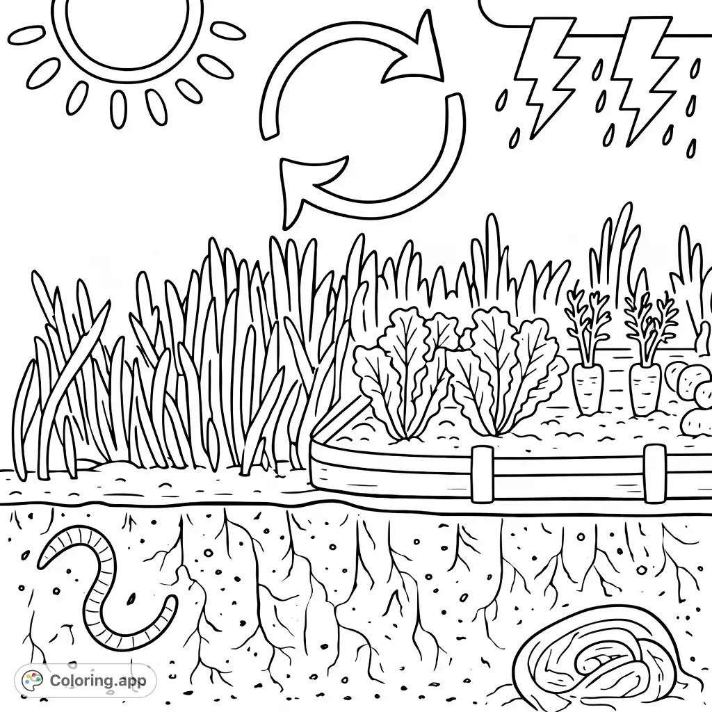 Explore the fascinating garden ecosystem! This page features sunlight, rain, growing plants in a raised bed, and underground life including a worm and a hidden fossil.