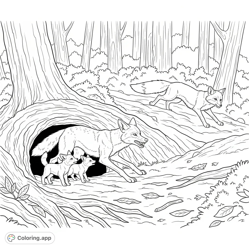A thrilling free printable coyote coloring page capturing a mother coyote and her pups fiercely defending their den from a startled fox in a lush forest.