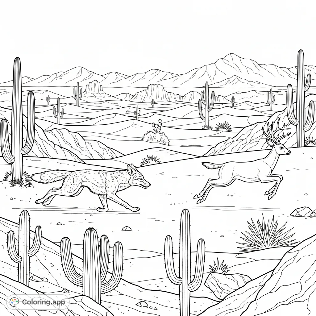 Experience a thrilling desert chase coloring page, depicting a nimble coyote pursuing a swift deer across a rugged landscape of cacti, sand, and mountains.