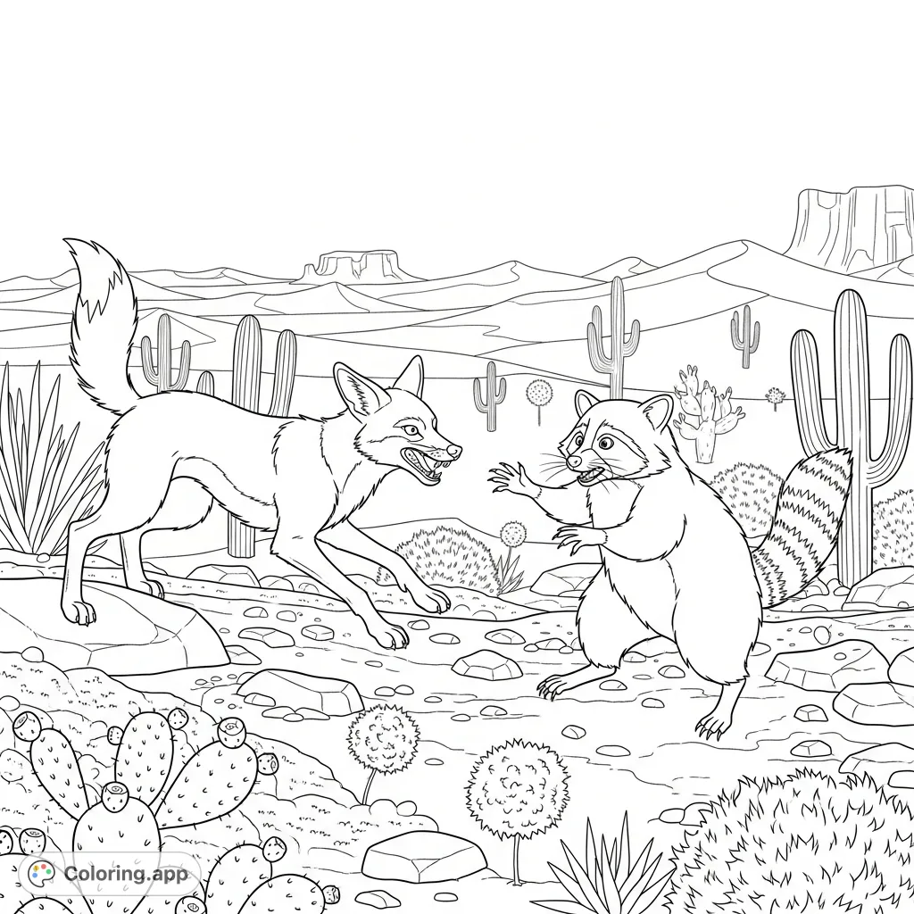 An action-packed desert animal coloring page featuring a coyote and a raccoon in a dynamic standoff amidst cacti and rocky terrain. Perfect for wildlife enthusiasts!