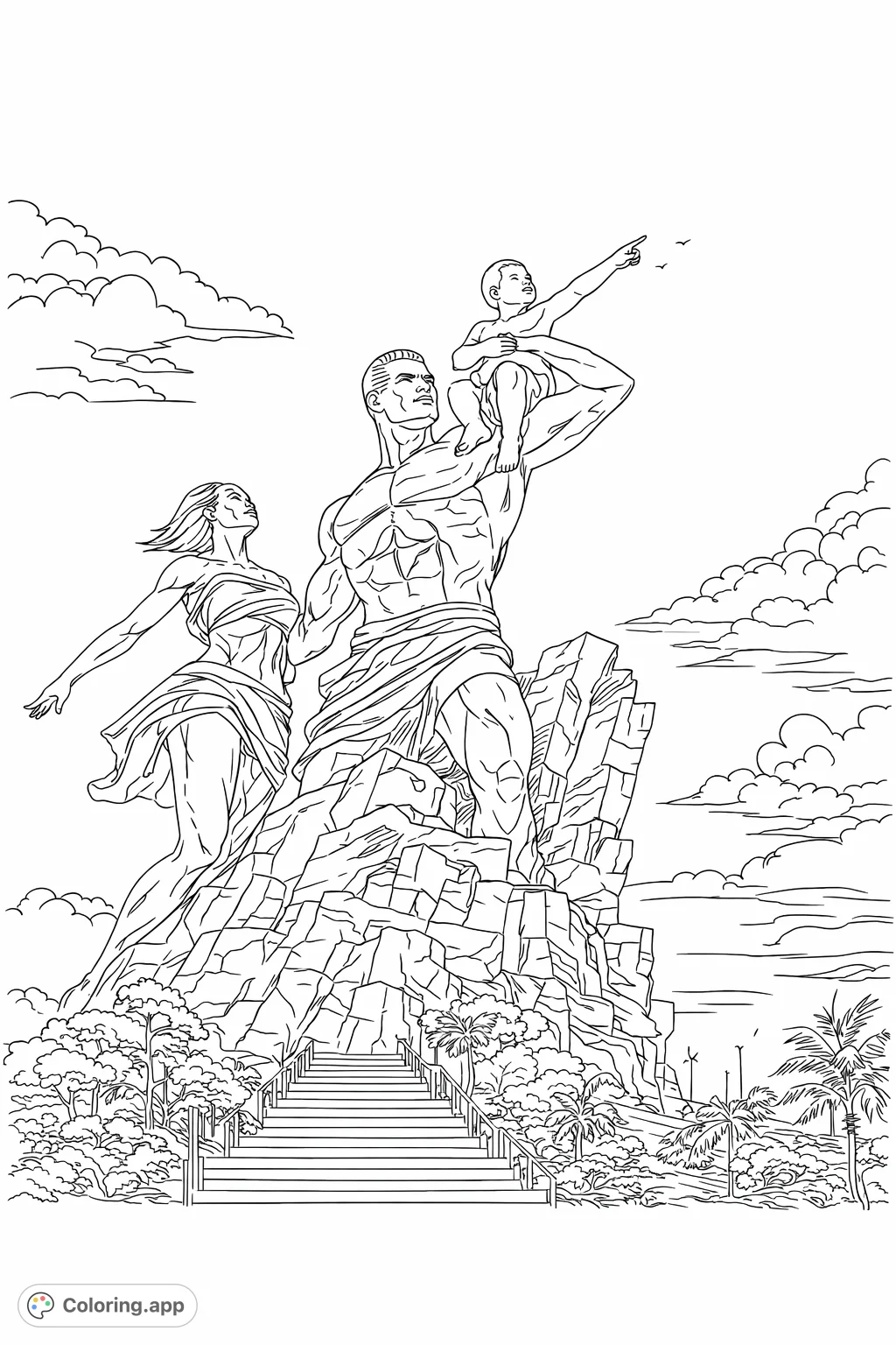Celebrate strength and aspiration with this powerful African Renaissance Monument coloring page. Depicting a family looking to the future, it offers intricate details for all ages.