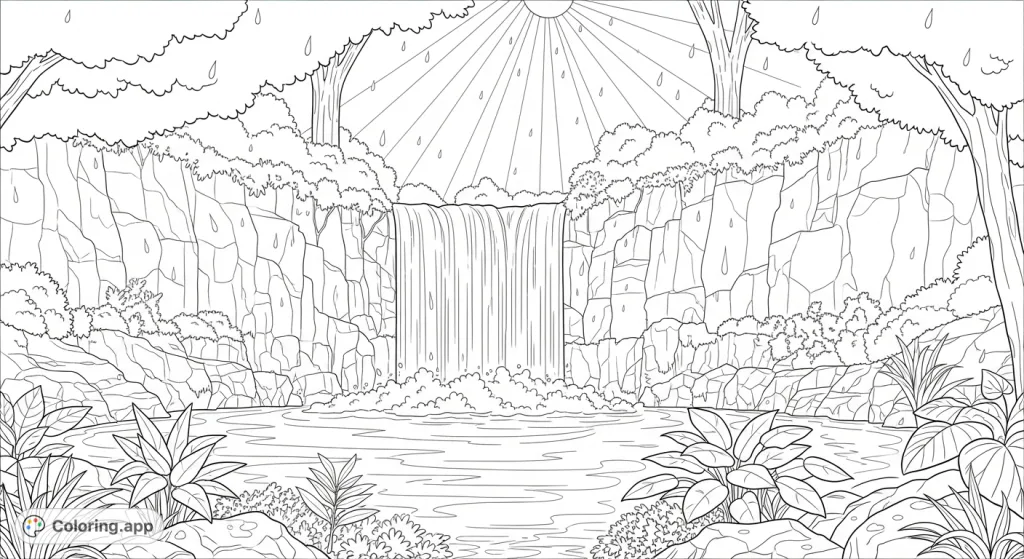 Experience a unique waterfall scene where sun rays meet gentle rain, surrounded by lush foliage and rugged rocks. A captivating blend of natural elements.