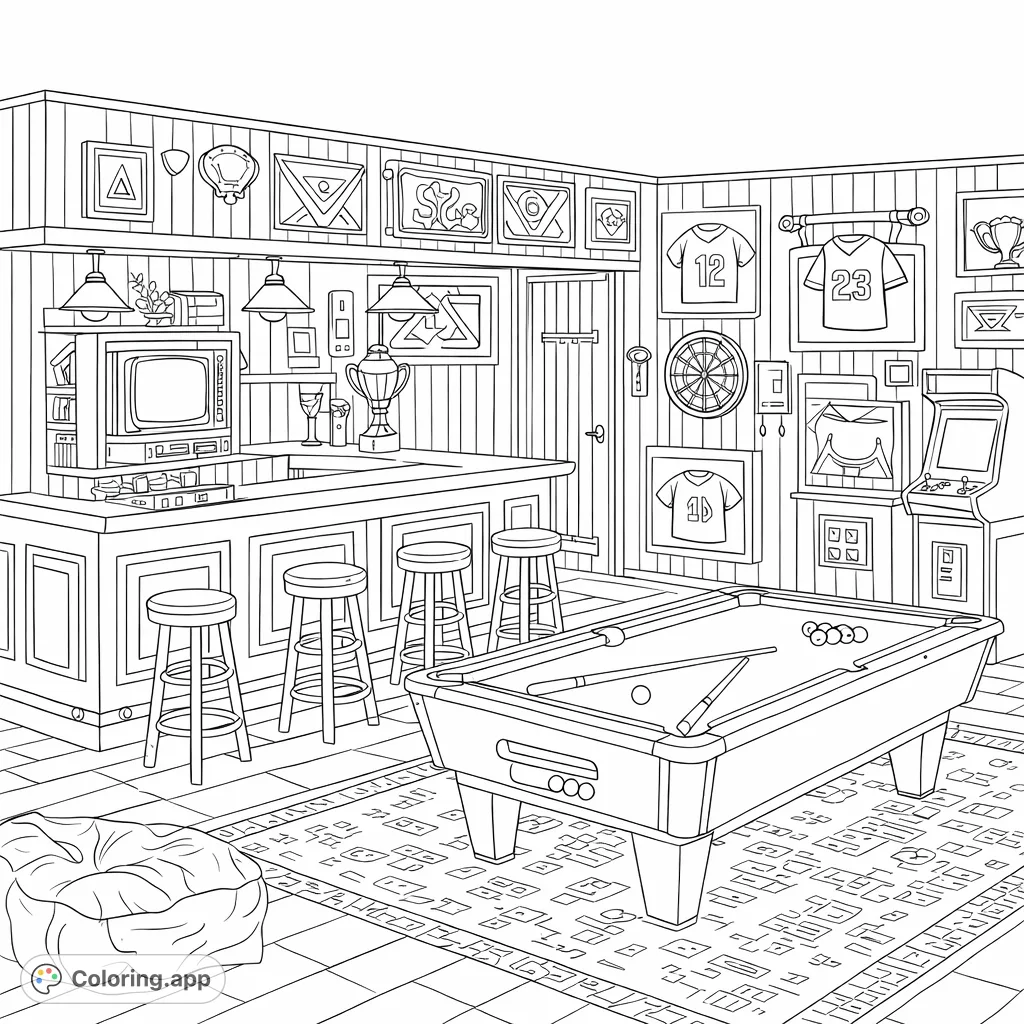 Step into a classic game room with a pool table, arcade machines, and a cozy bar. Perfect for detailed coloring and a nostalgic escape!