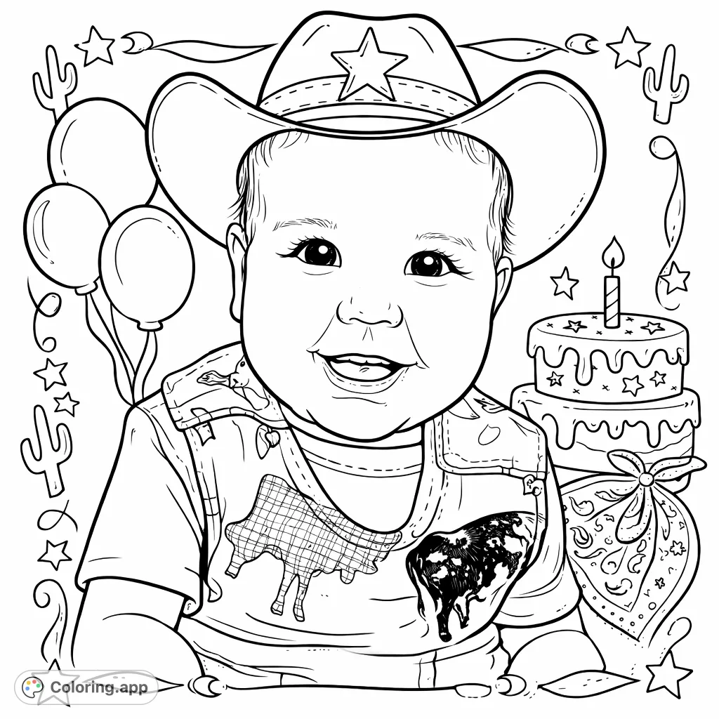 A heartwarming Western baby coloring page, featuring a smiling infant in a vest with ranch animal patterns. Ideal for a Western birthday theme and free printable fun.